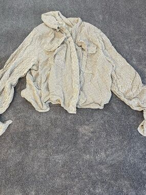 Striped Tie-Neck Button-Down Blouse in Ivory and Black cropped